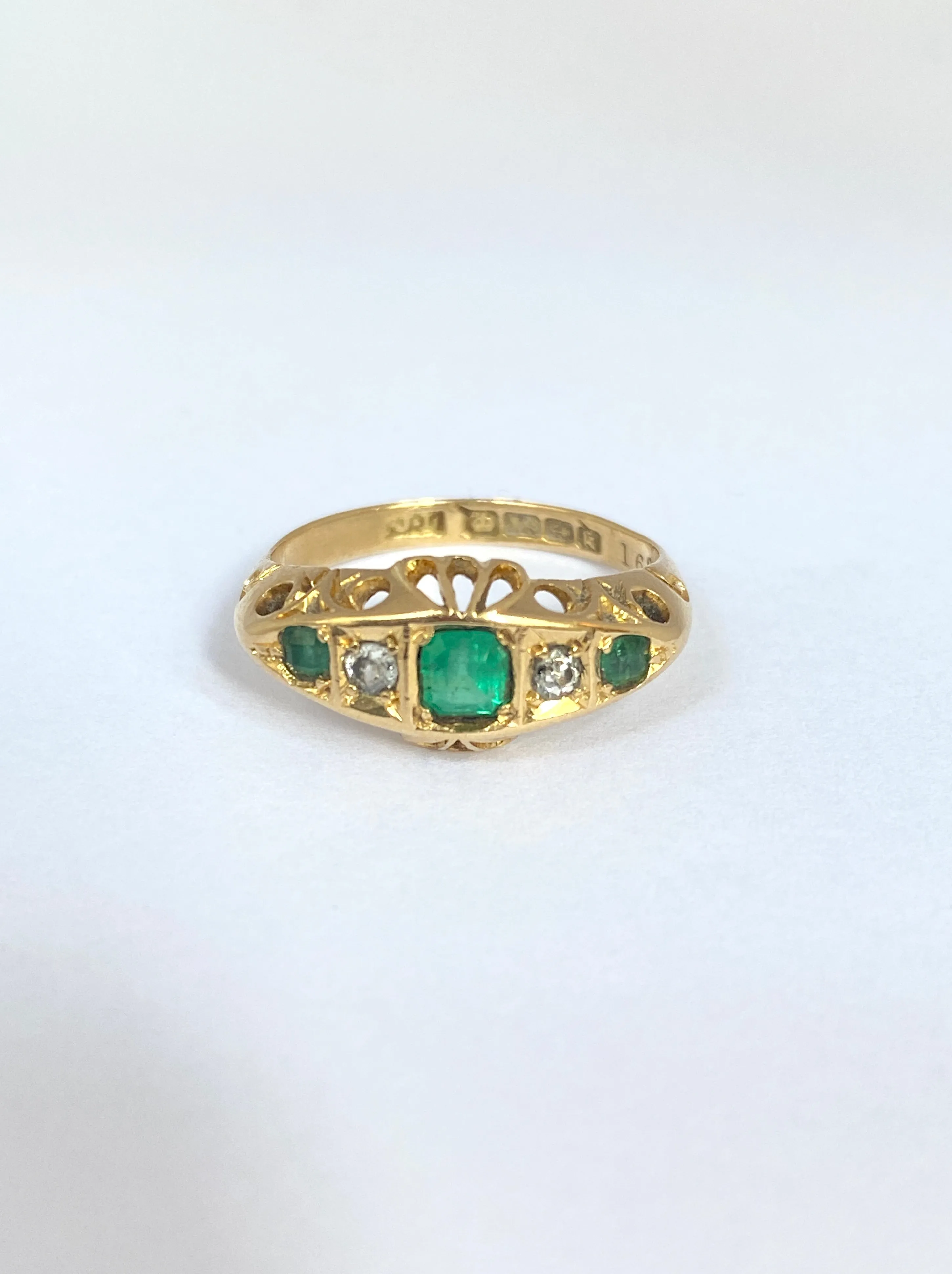 Antique, Edwardian 18ct Gold Emerald and Diamond Engagement Ring. Hallmarked, 18ct Gold, Birmingham and 1909