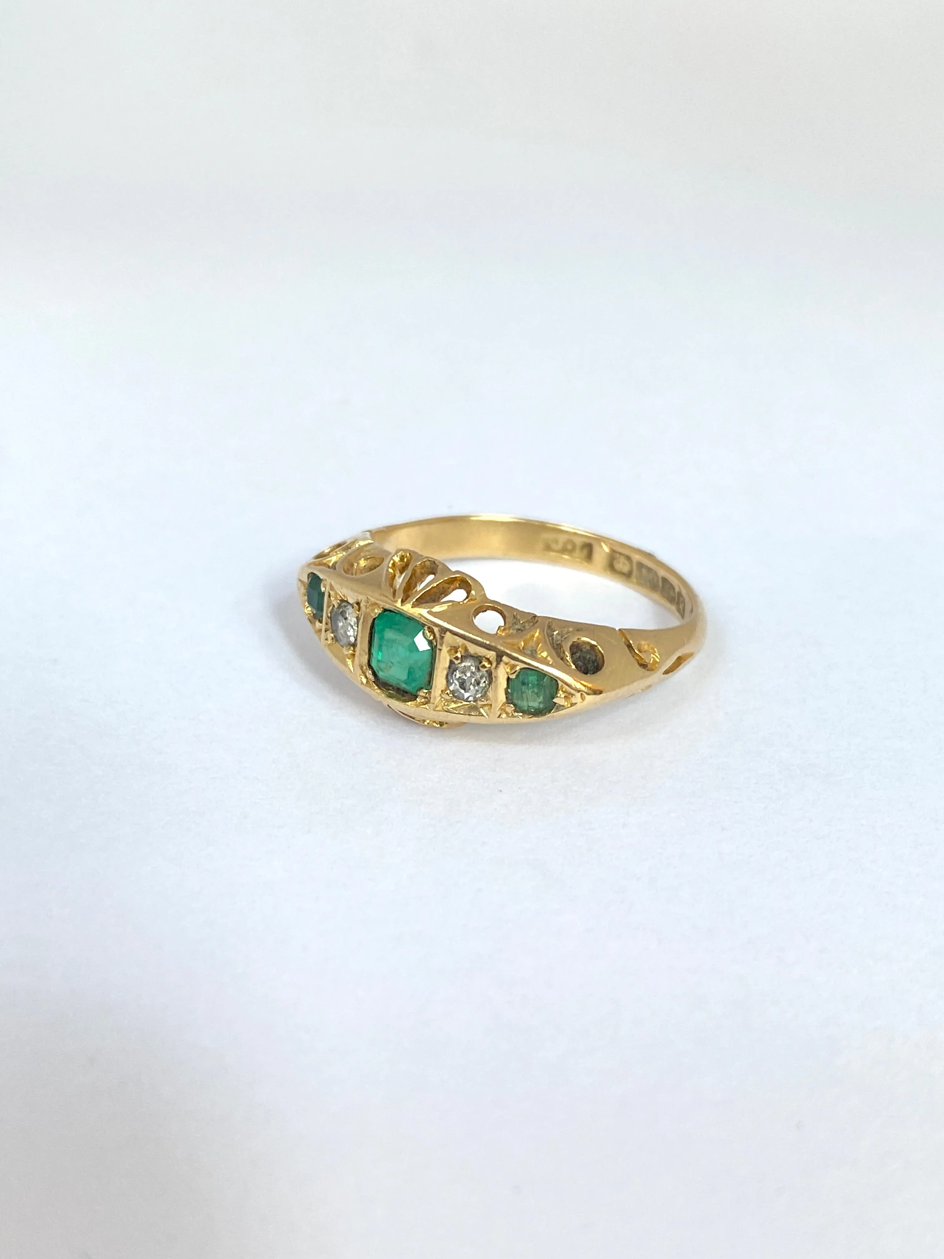 Antique, Edwardian 18ct Gold Emerald and Diamond Engagement Ring. Hallmarked, 18ct Gold, Birmingham and 1909