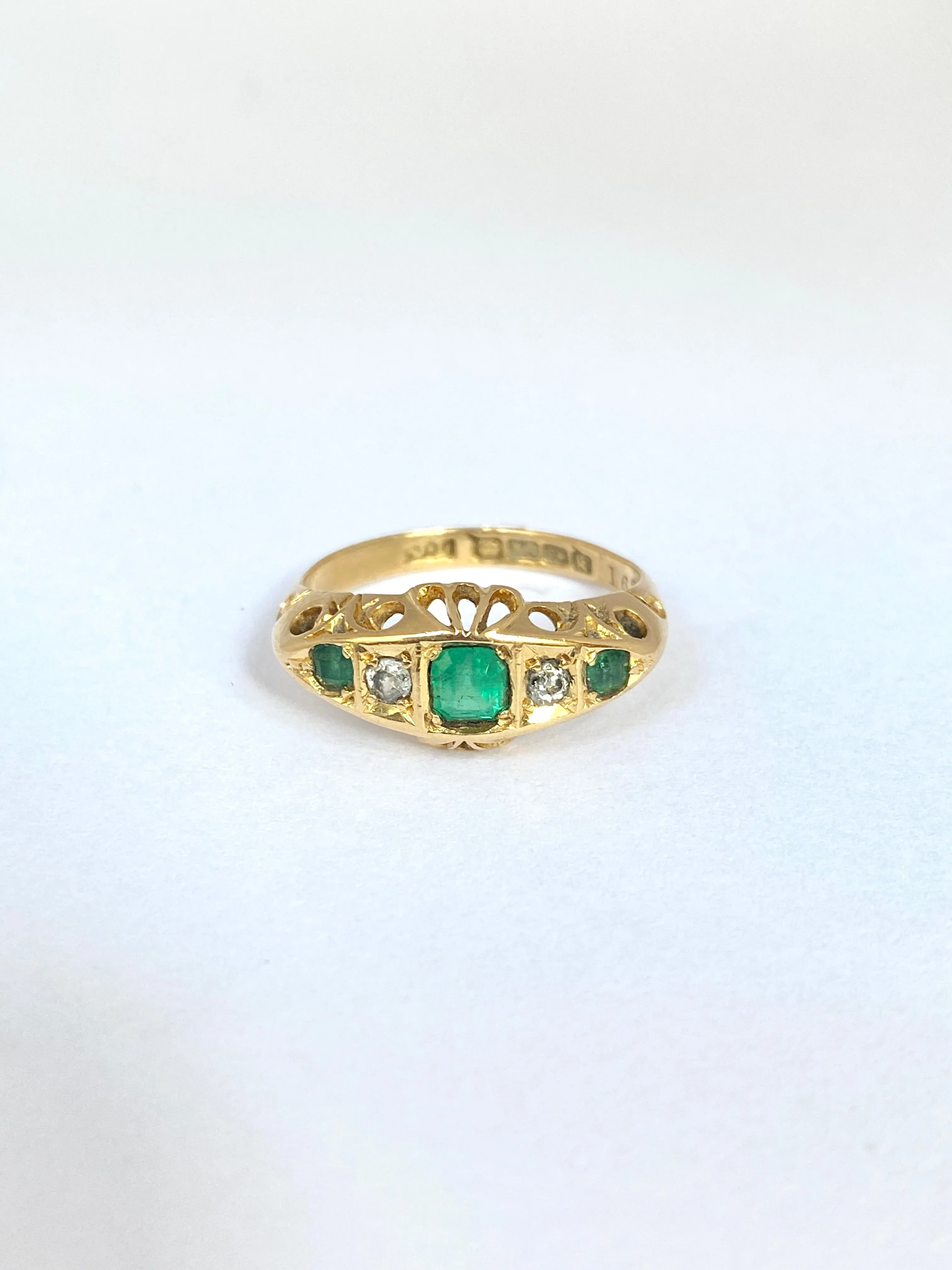 Antique, Edwardian 18ct Gold Emerald and Diamond Engagement Ring. Hallmarked, 18ct Gold, Birmingham and 1909