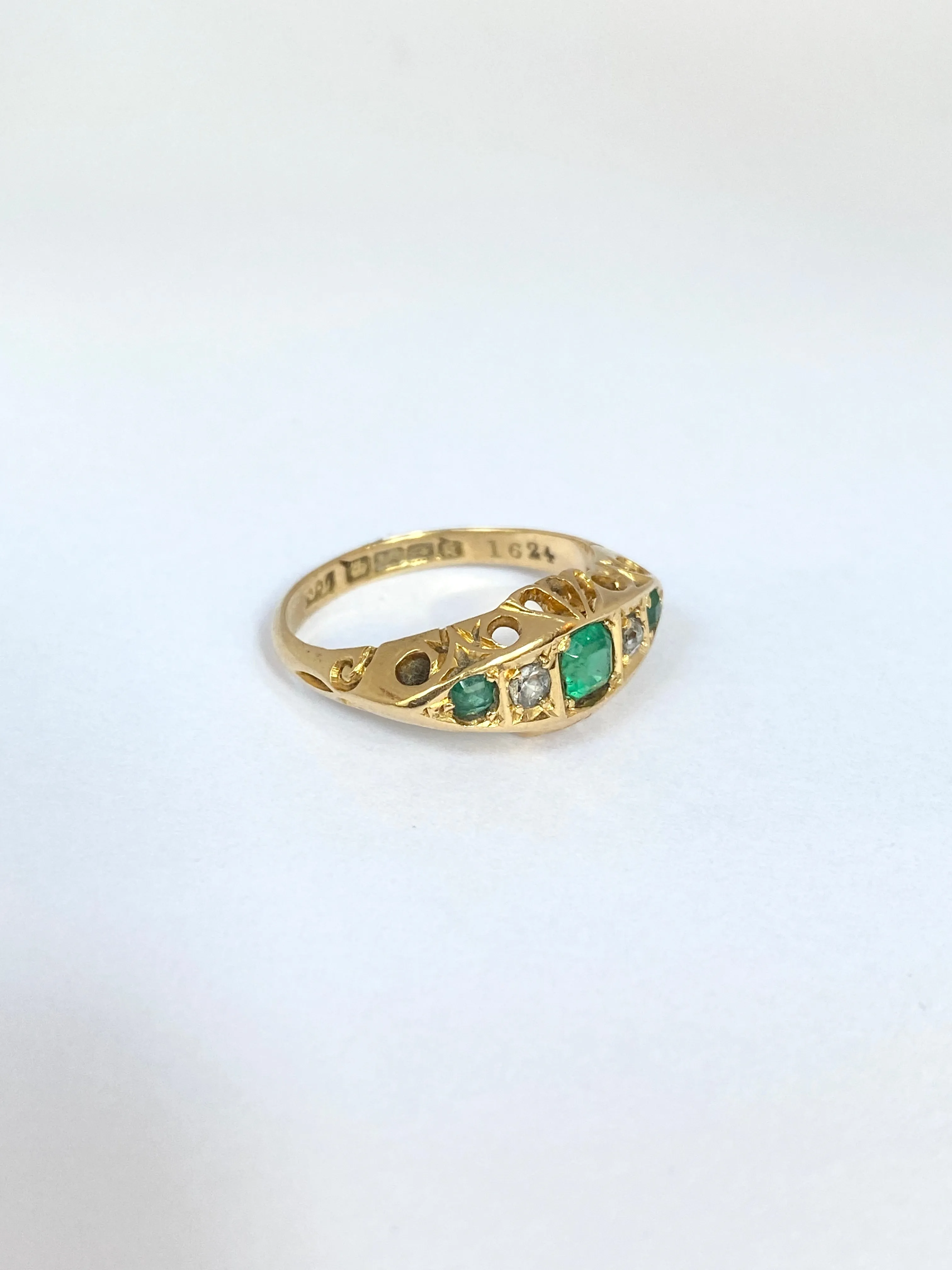 Antique, Edwardian 18ct Gold Emerald and Diamond Engagement Ring. Hallmarked, 18ct Gold, Birmingham and 1909