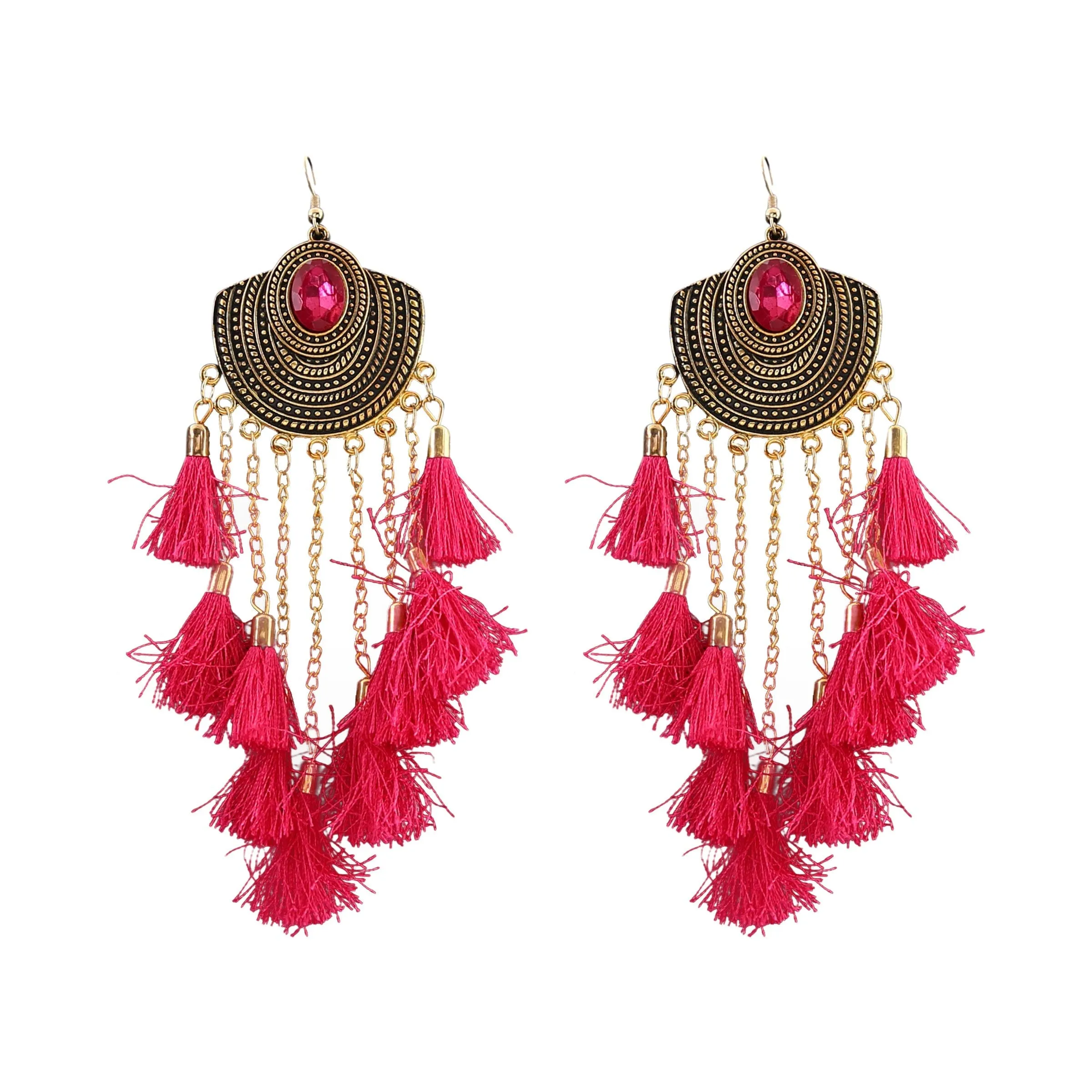 Aradhya Stylish Alloy Metal Pink Stone and Tassels Golden Oxidised Earrings for Women