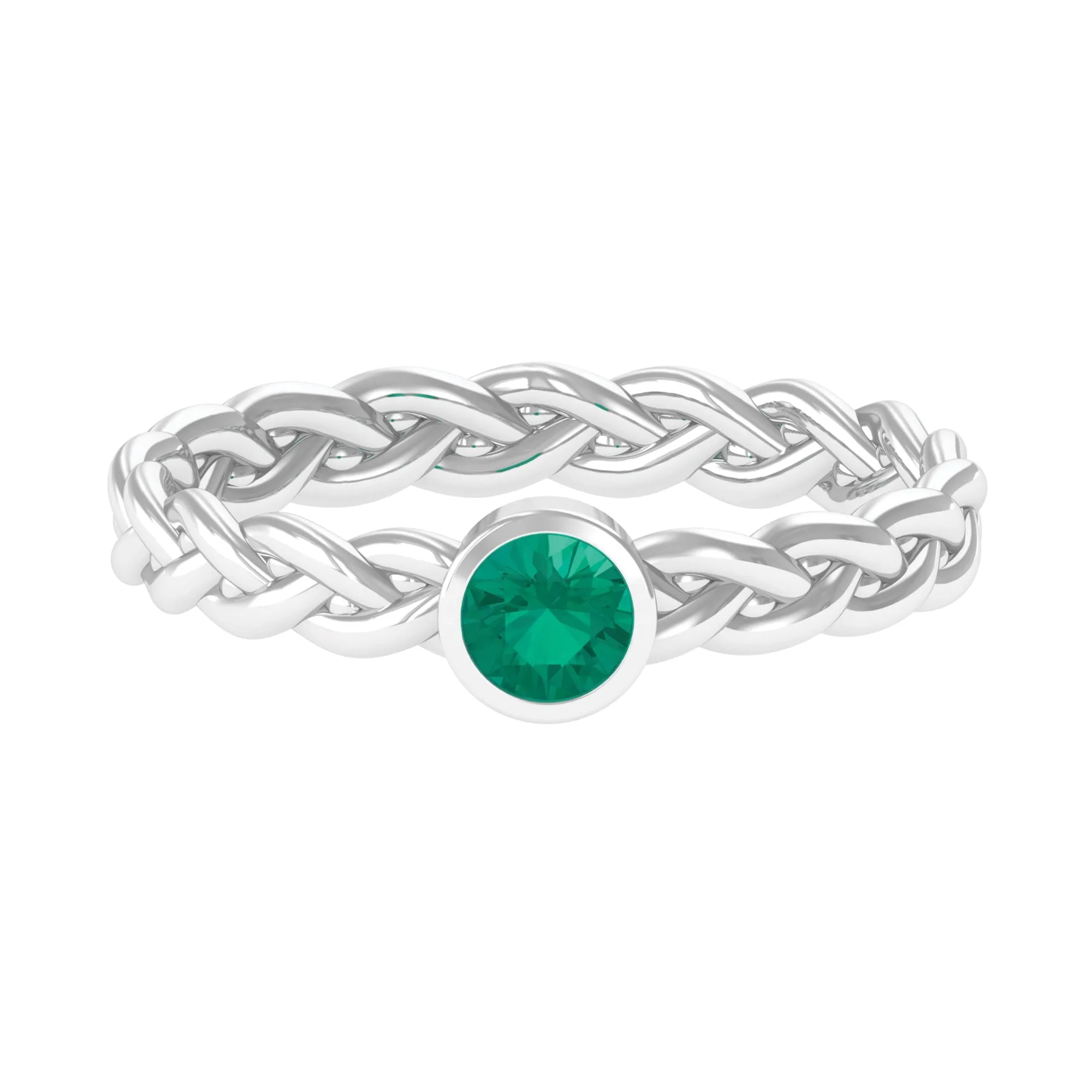 Bezel Set Round Emerald Solitaire Ring with Braided Shank