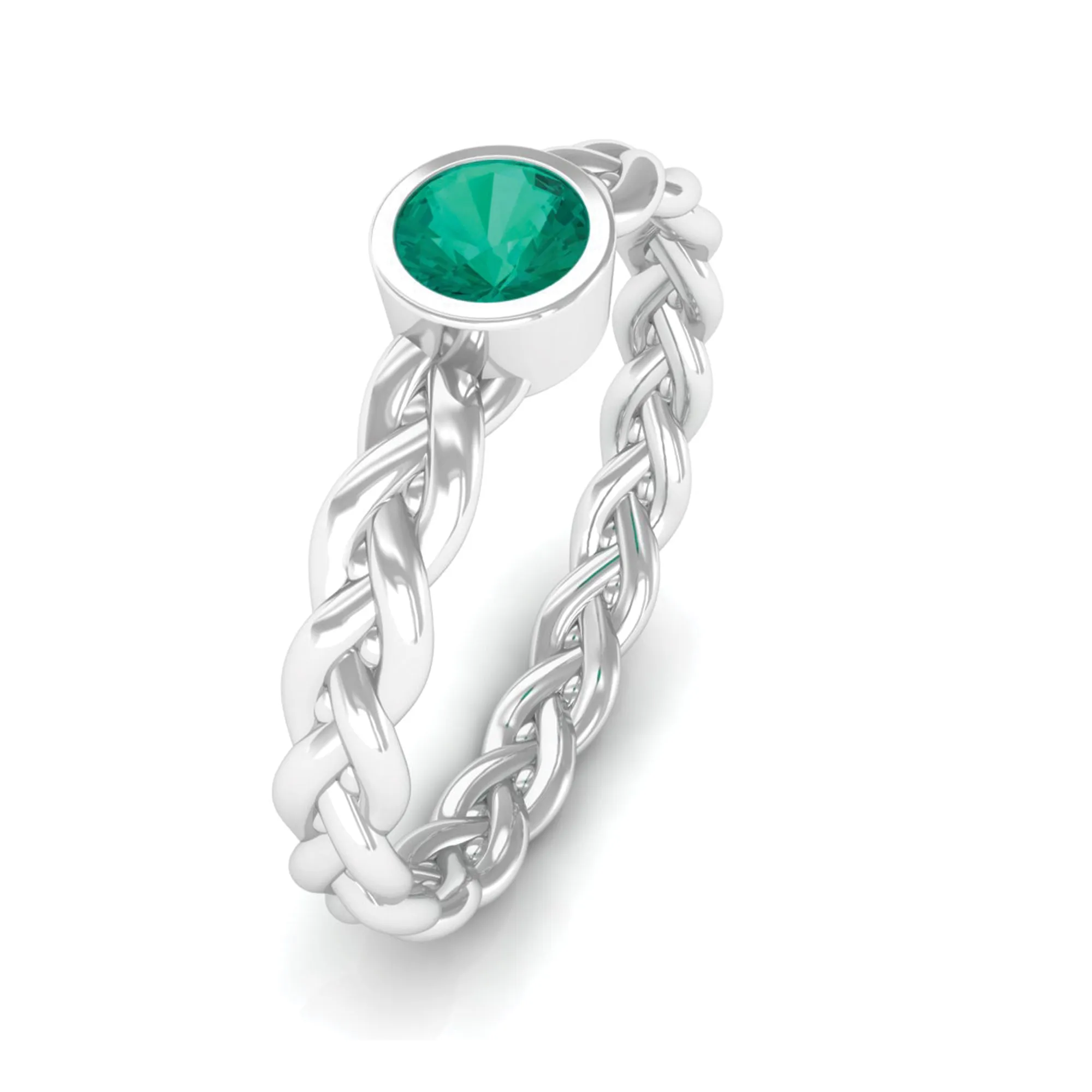 Bezel Set Round Emerald Solitaire Ring with Braided Shank