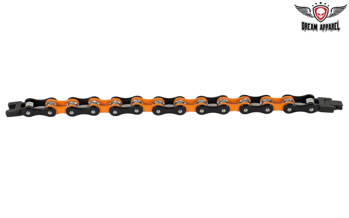 Black and Orange Motorcycle Chain Bracelet with Gemstones