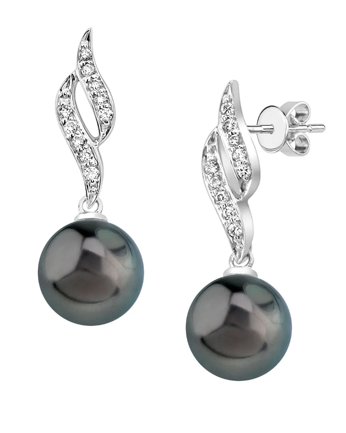 Black Tahitian Pearl & Diamond Flame Dangle Earrings