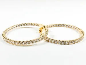 Classic Beautiful Single Row Inside Out CZ Gold Tone Hoop Brass Earrings