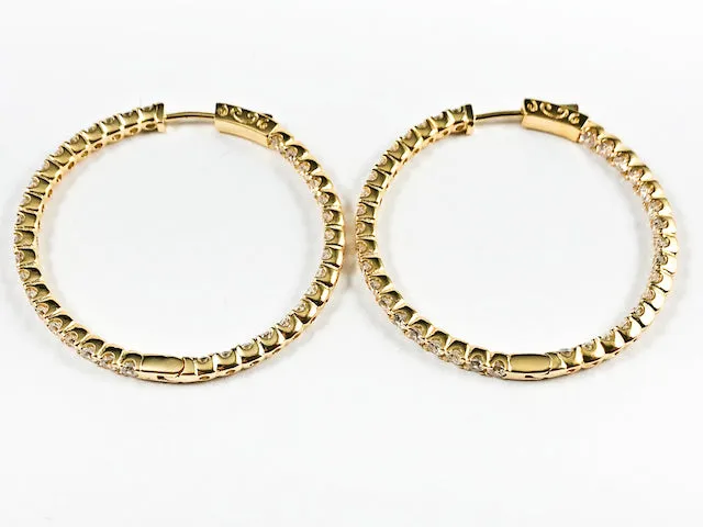 Classic Beautiful Single Row Inside Out CZ Gold Tone Hoop Brass Earrings