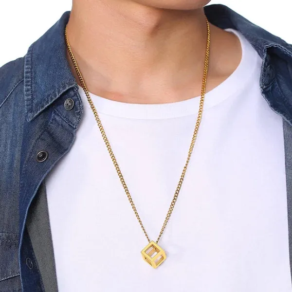 Classy Men Gold Square Cube Pendant Necklace