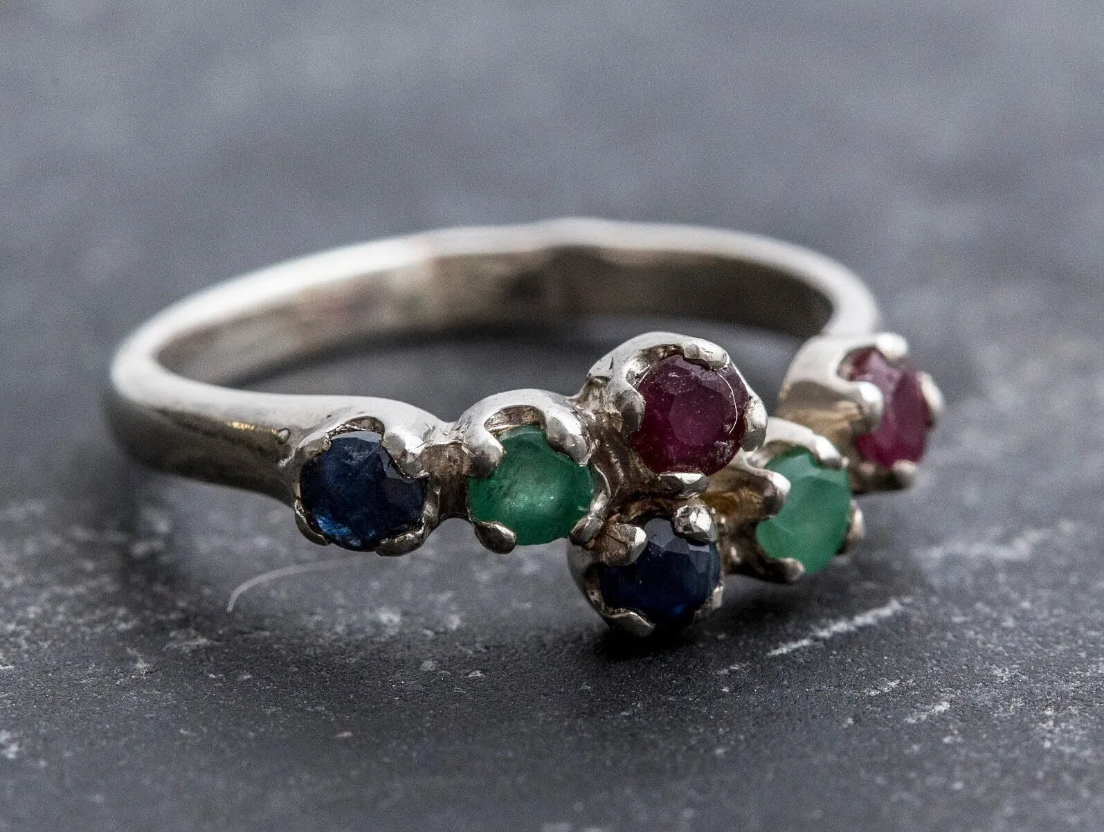 Colorful Multistone Ring - Natural Emerald Sapphire Ruby - Half Eternity Band