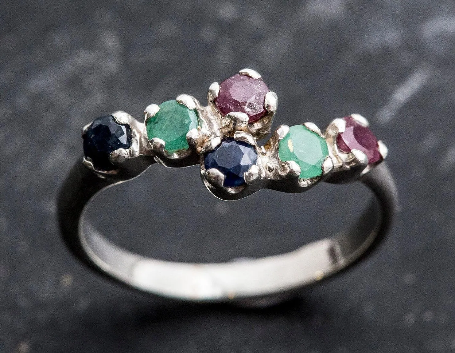 Colorful Multistone Ring - Natural Emerald Sapphire Ruby - Half Eternity Band