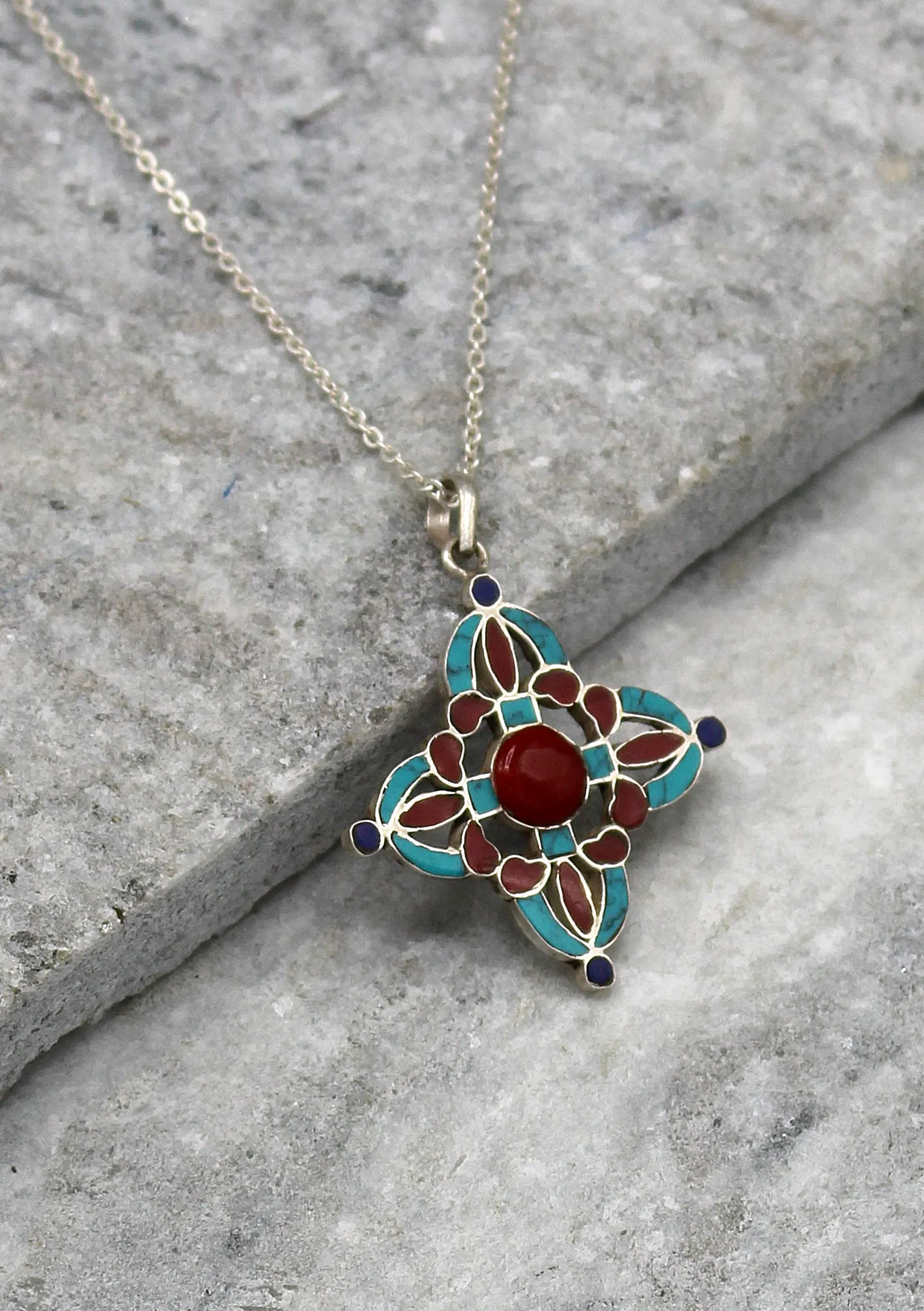 Coral and Turquoise Double Dorjee Sterling Silver Pendant