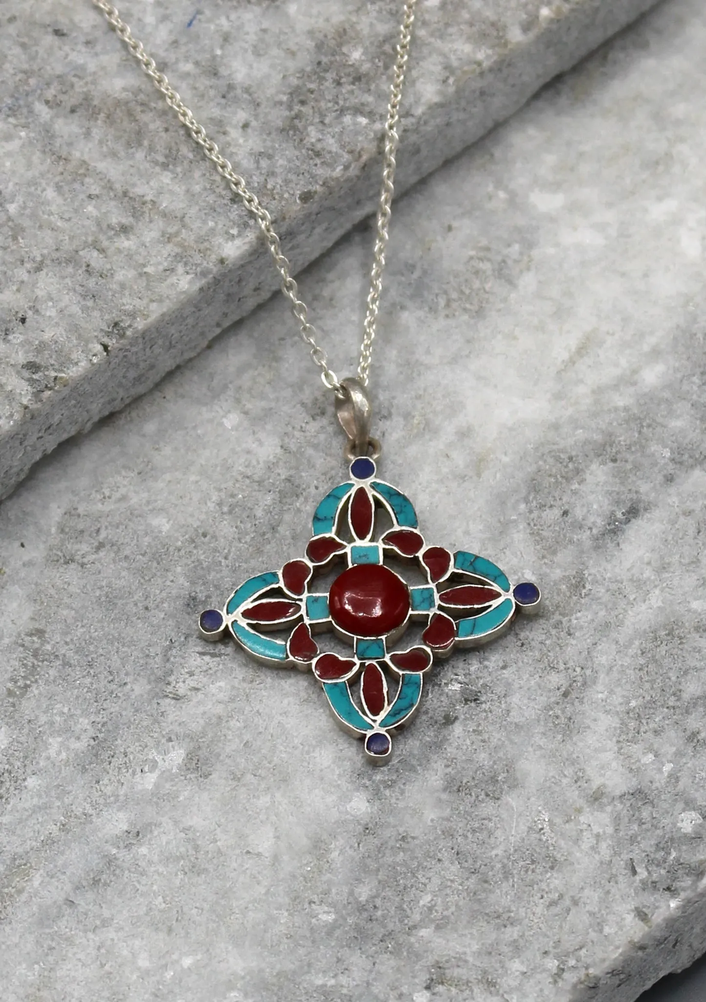 Coral and Turquoise Double Dorjee Sterling Silver Pendant