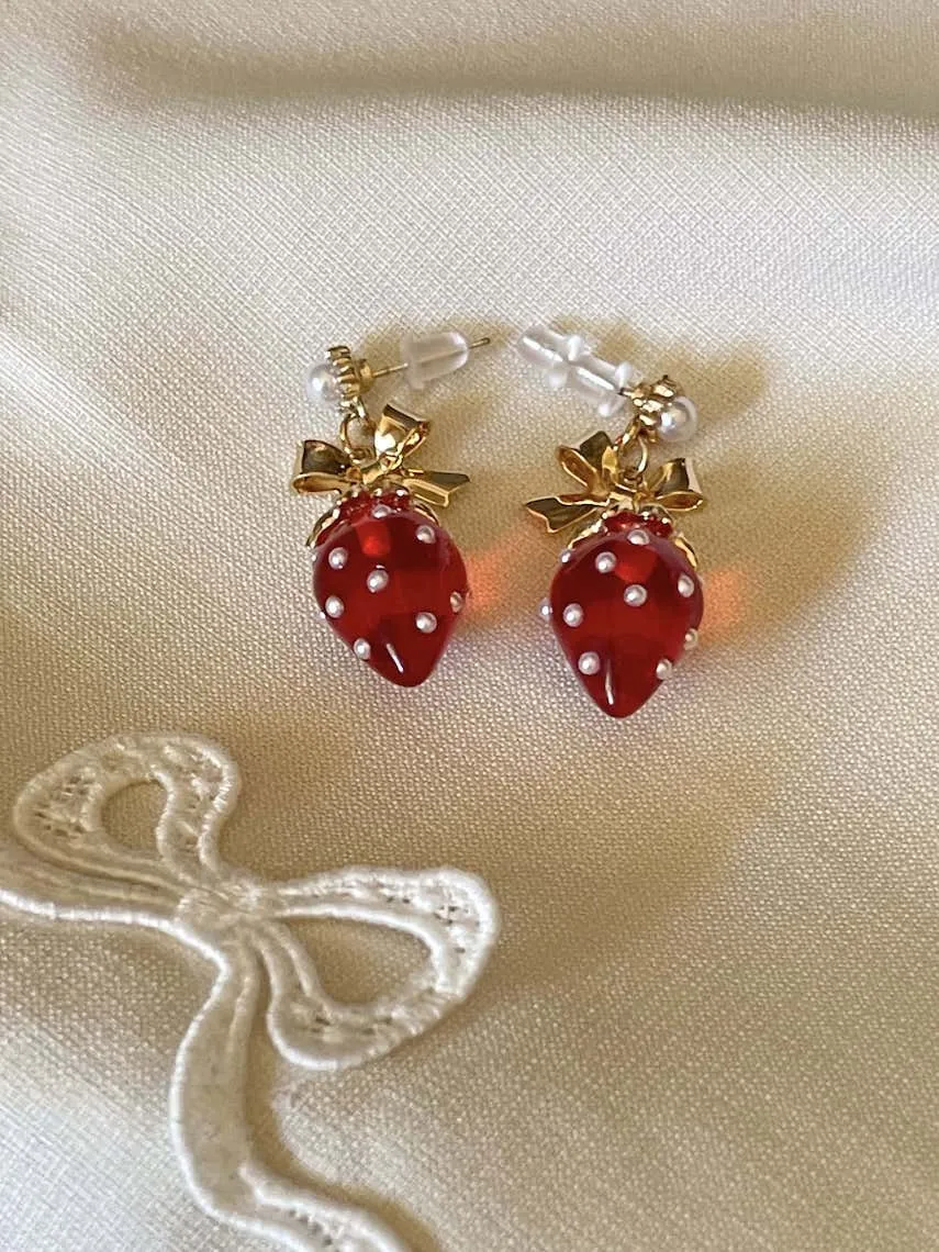 Countryside Cottage Strawberry & Bow Earrings