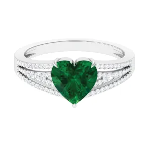 Created Emerald Heart Engagement Ring with Diamond