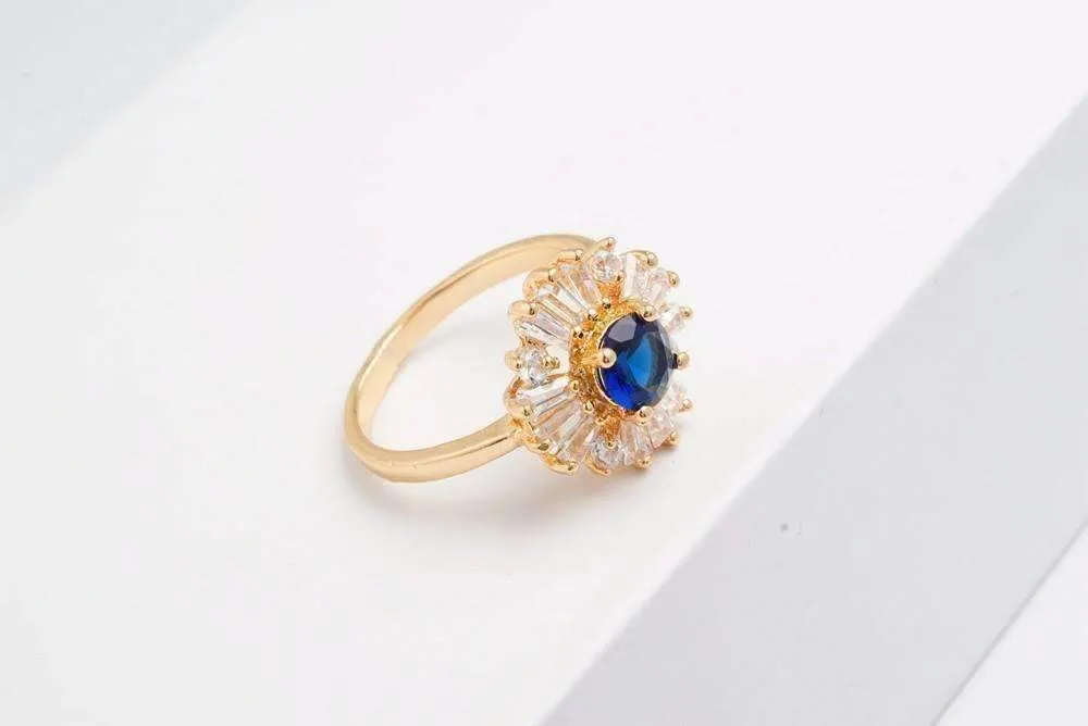 Crystal Garden CZ Flower 18K Gold Plated Cocktail Ring for Women Emerald Green or Sapphire Blue Color Choice