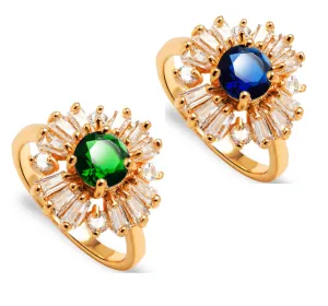 Crystal Garden CZ Flower 18K Gold Plated Cocktail Ring for Women Emerald Green or Sapphire Blue Color Choice