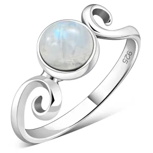 Delicate Silver Spiral Ring set w/ Rainbow Moonstone