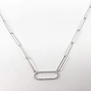 Elegant paper clip chain oval silver necklace