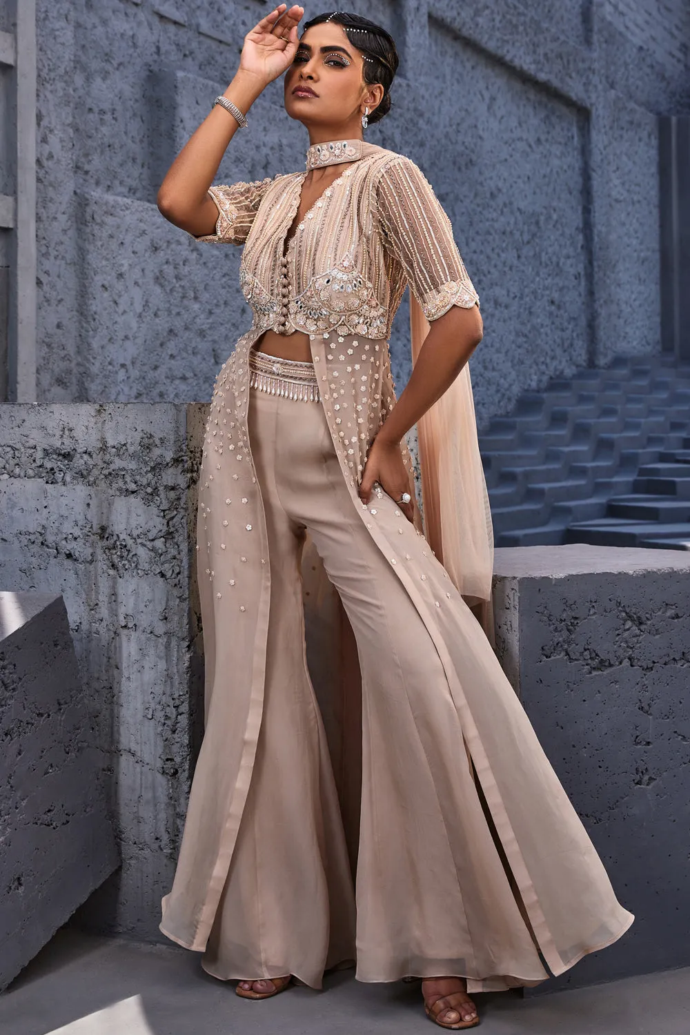 Embroidered Pant Set with Choker Dupatta