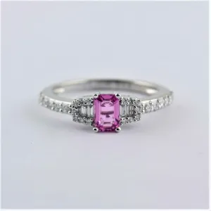 Emerald Cut Pink Sapphire Engagement Ring with Diamonds 14K White Gold