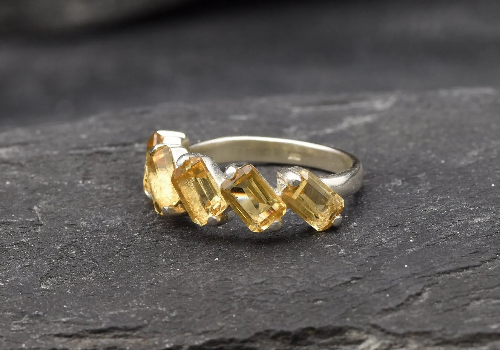 Emerald Cut Ring, Natural Citrine Ring, Yellow Baguette Ring