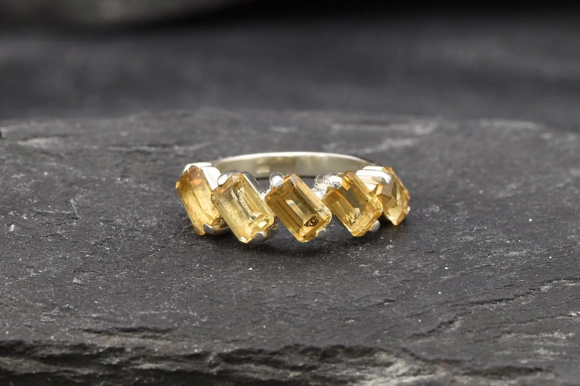 Emerald Cut Ring, Natural Citrine Ring, Yellow Baguette Ring