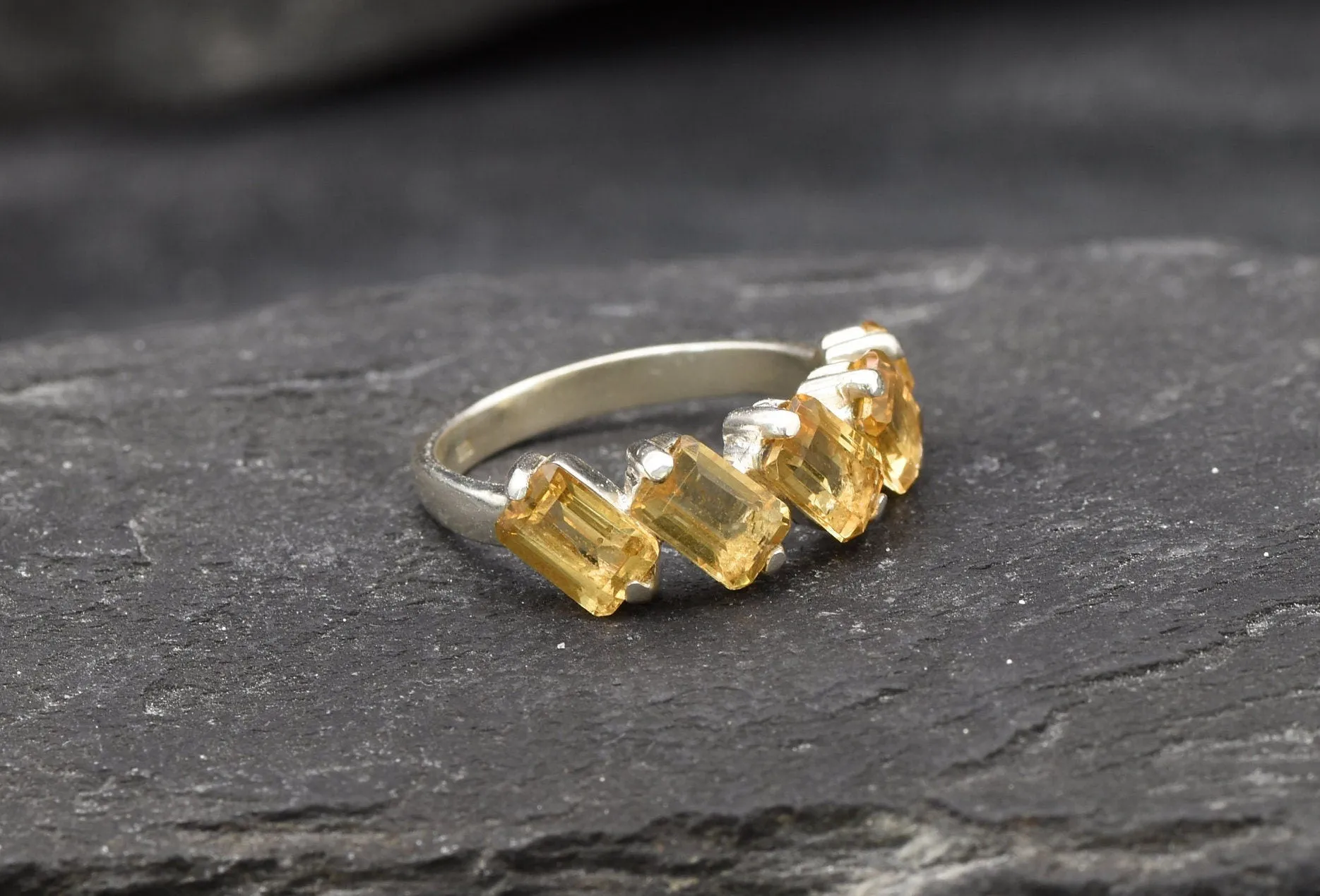 Emerald Cut Ring, Natural Citrine Ring, Yellow Baguette Ring