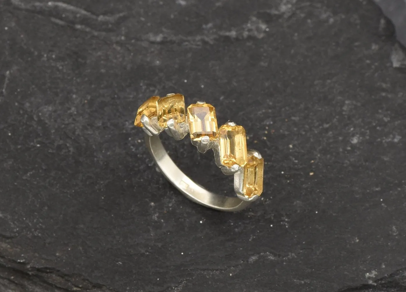 Emerald Cut Ring, Natural Citrine Ring, Yellow Baguette Ring