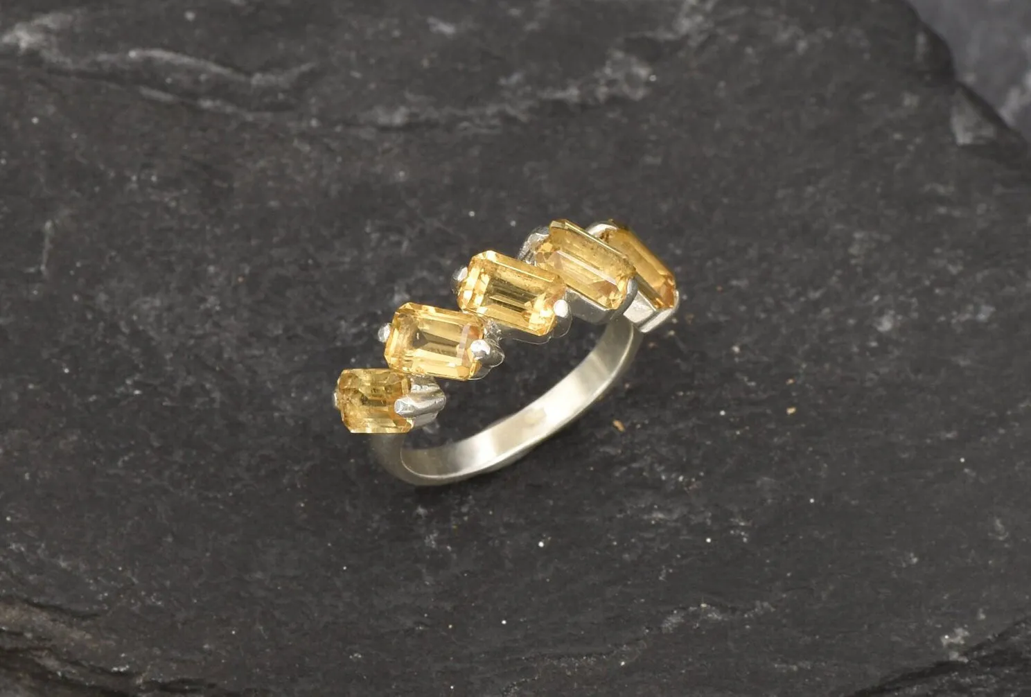 Emerald Cut Ring, Natural Citrine Ring, Yellow Baguette Ring