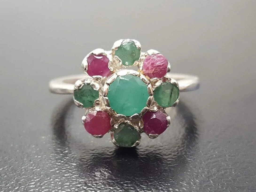 Emerald Flower Ring - Genuine Multistones Ring - Green Red Victorian Ring