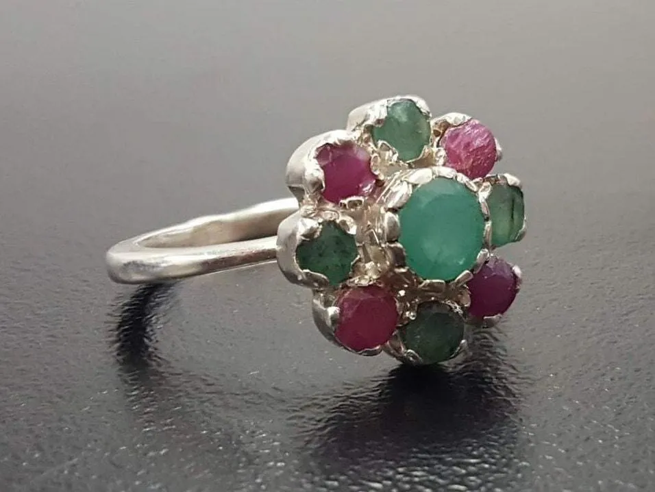 Emerald Flower Ring - Genuine Multistones Ring - Green Red Victorian Ring