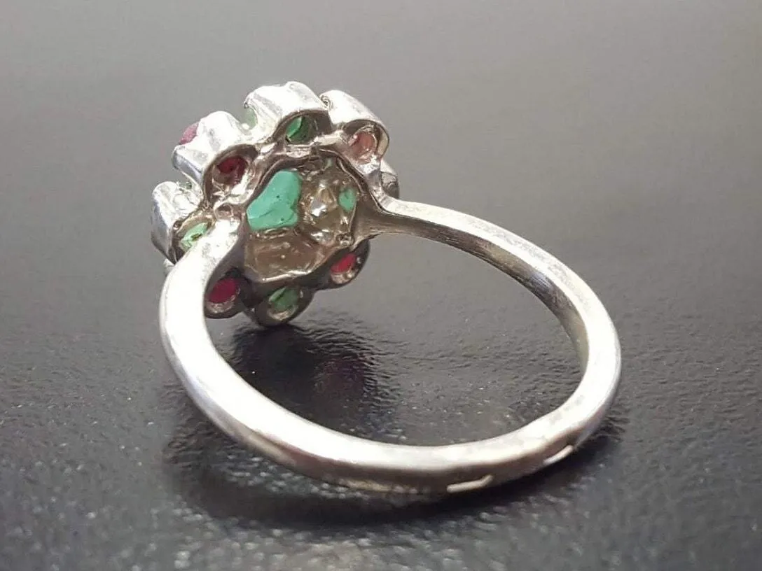 Emerald Flower Ring - Genuine Multistones Ring - Green Red Victorian Ring