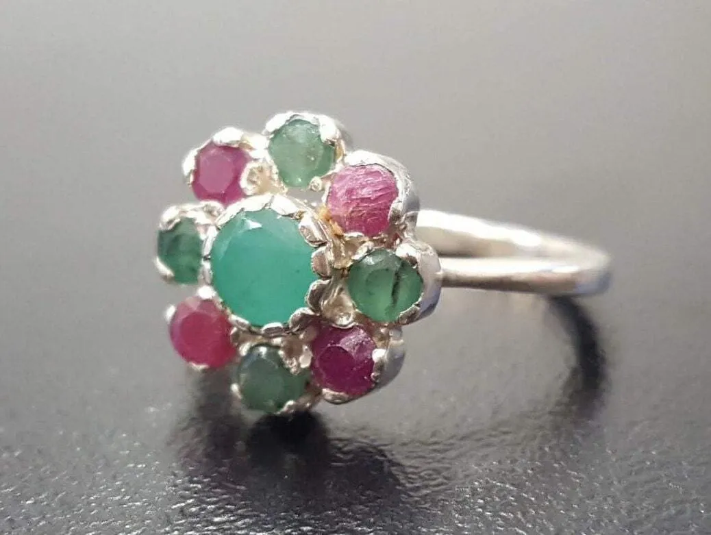 Emerald Flower Ring - Genuine Multistones Ring - Green Red Victorian Ring