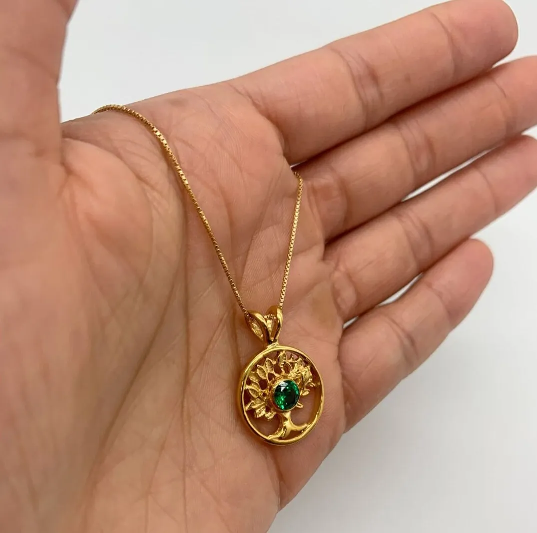 Emerald Tree of Life Pendant - Gold Emerald Necklace, Green Emerald Pendant