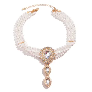 European and American Retro Beaded Choker Necklace with Imitation Pearl and Diamond Droplet Pendant