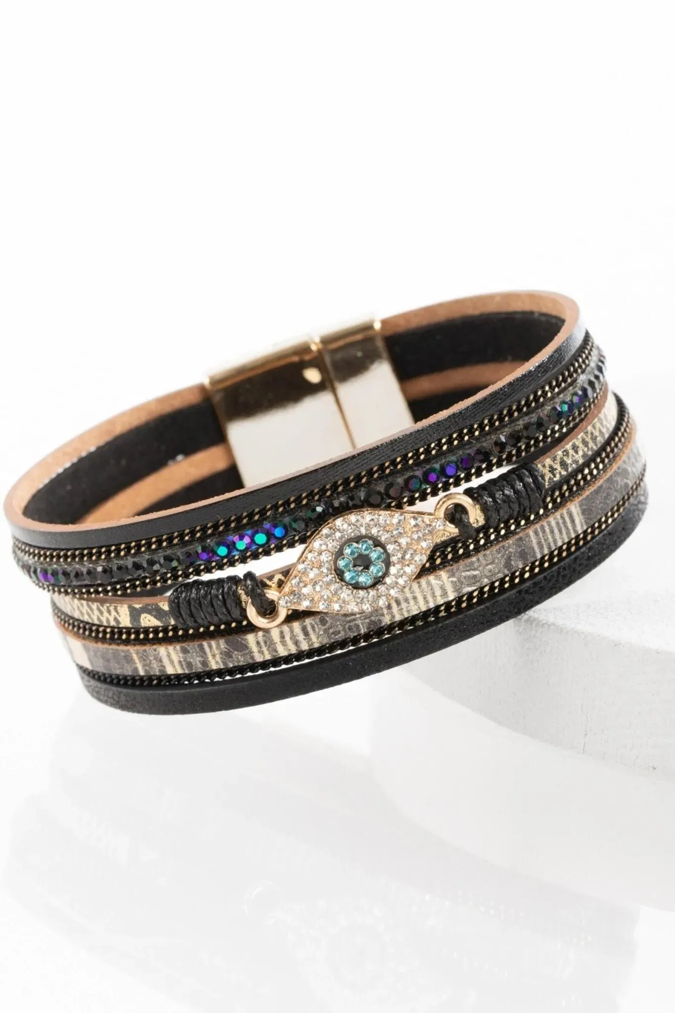 Evil Eye Leather Metallic Bracelet