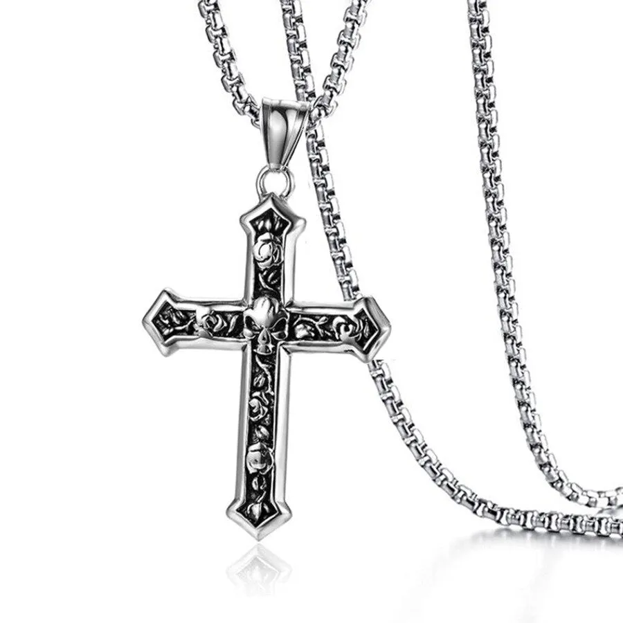 Fashion Vintage Flame Cross Pendant Necklace For Women Men Long Chain Punk Goth Trendy Accessories Choker Gothic Jewelry