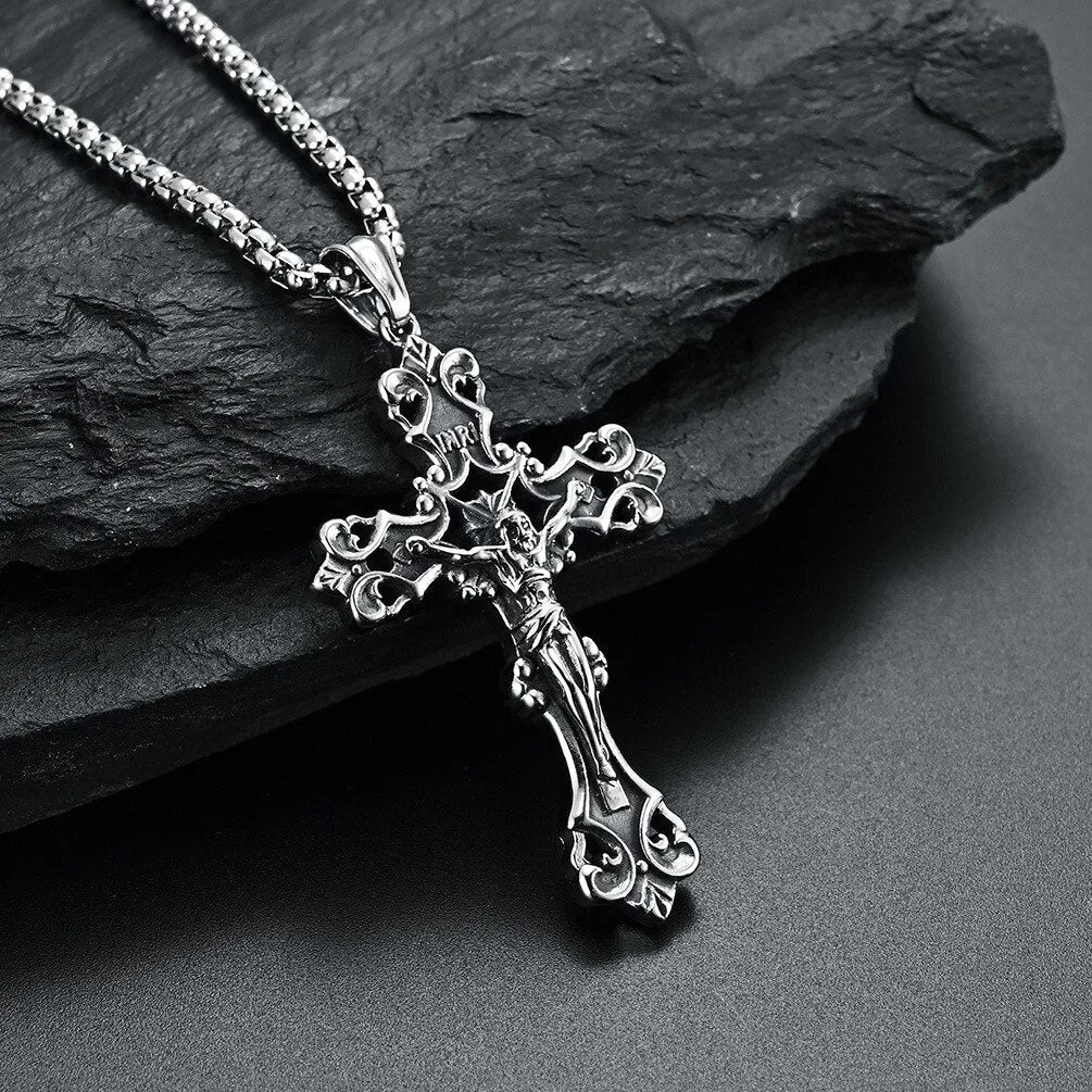 Fashion Vintage Flame Cross Pendant Necklace For Women Men Long Chain Punk Goth Trendy Accessories Choker Gothic Jewelry