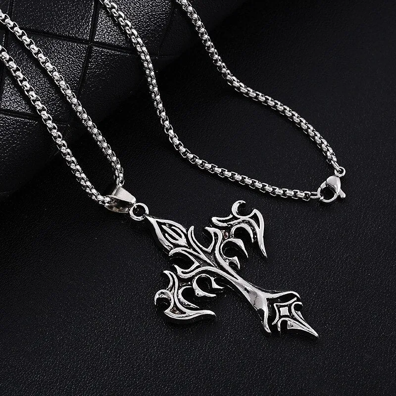 Fashion Vintage Flame Cross Pendant Necklace For Women Men Long Chain Punk Goth Trendy Accessories Choker Gothic Jewelry