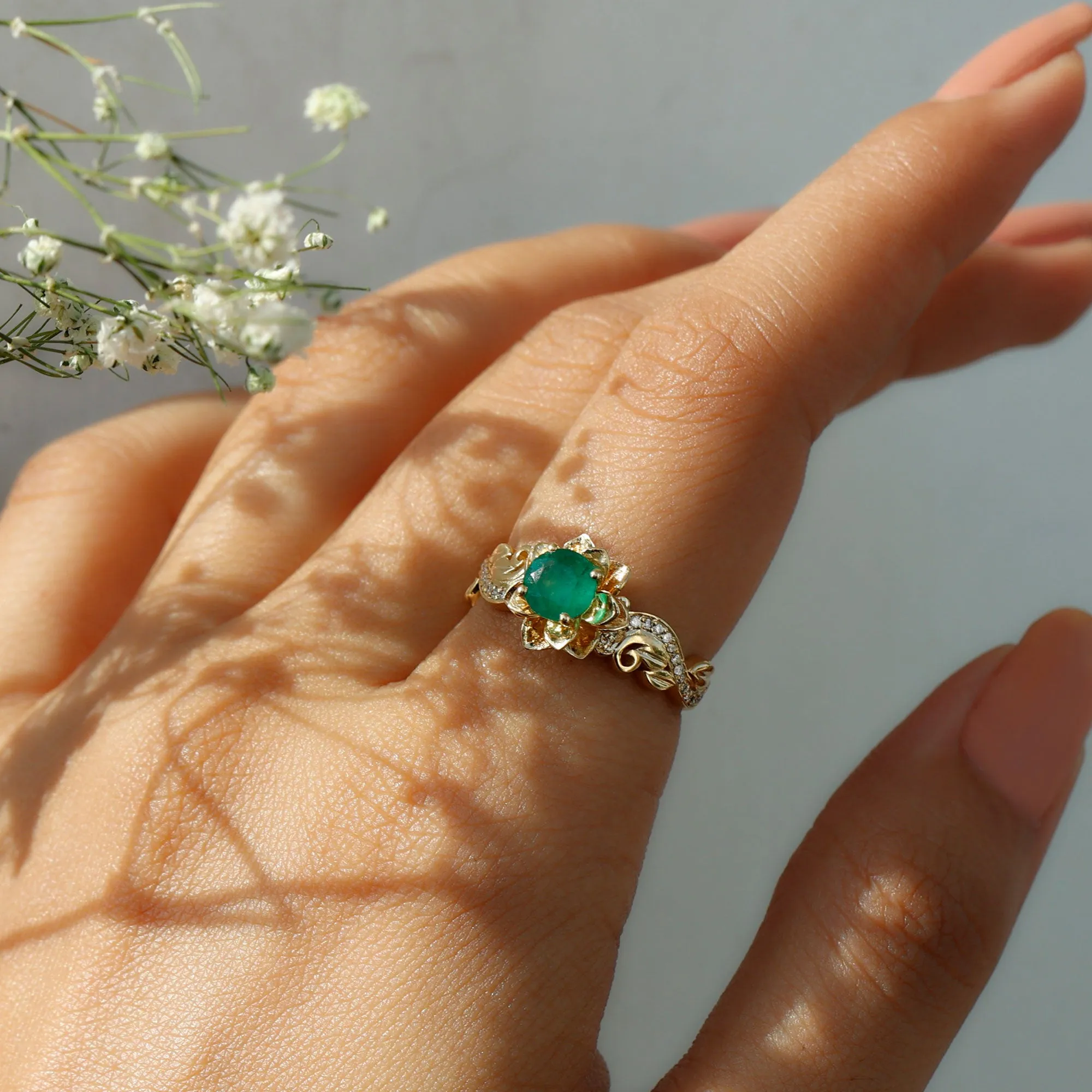 Flower Inspired Emerald and Diamond Engagement Ring in Gold