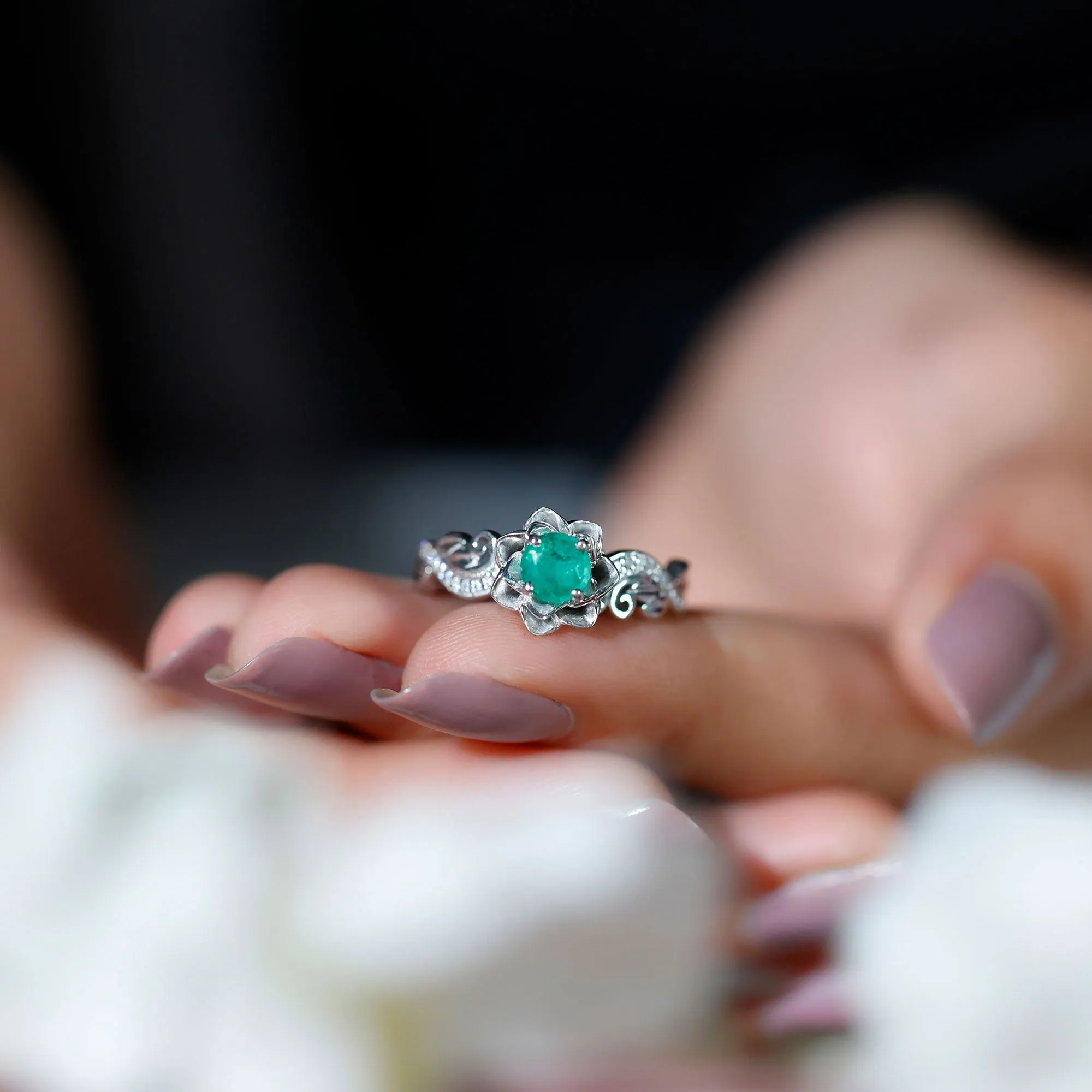 Flower Inspired Emerald and Diamond Engagement Ring in Gold