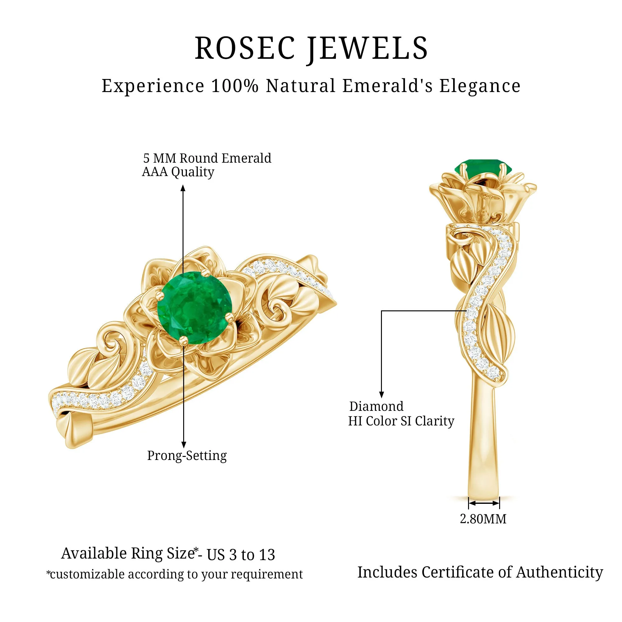 Flower Inspired Emerald and Diamond Engagement Ring in Gold