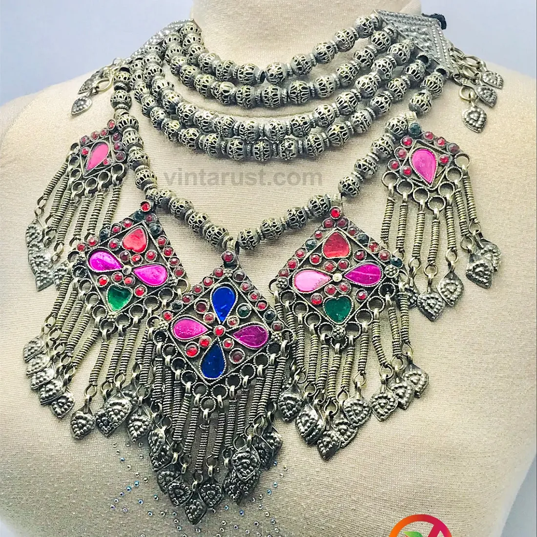 Glam Choker Necklace, Vintage Necklace with Bold Pendants and Beads