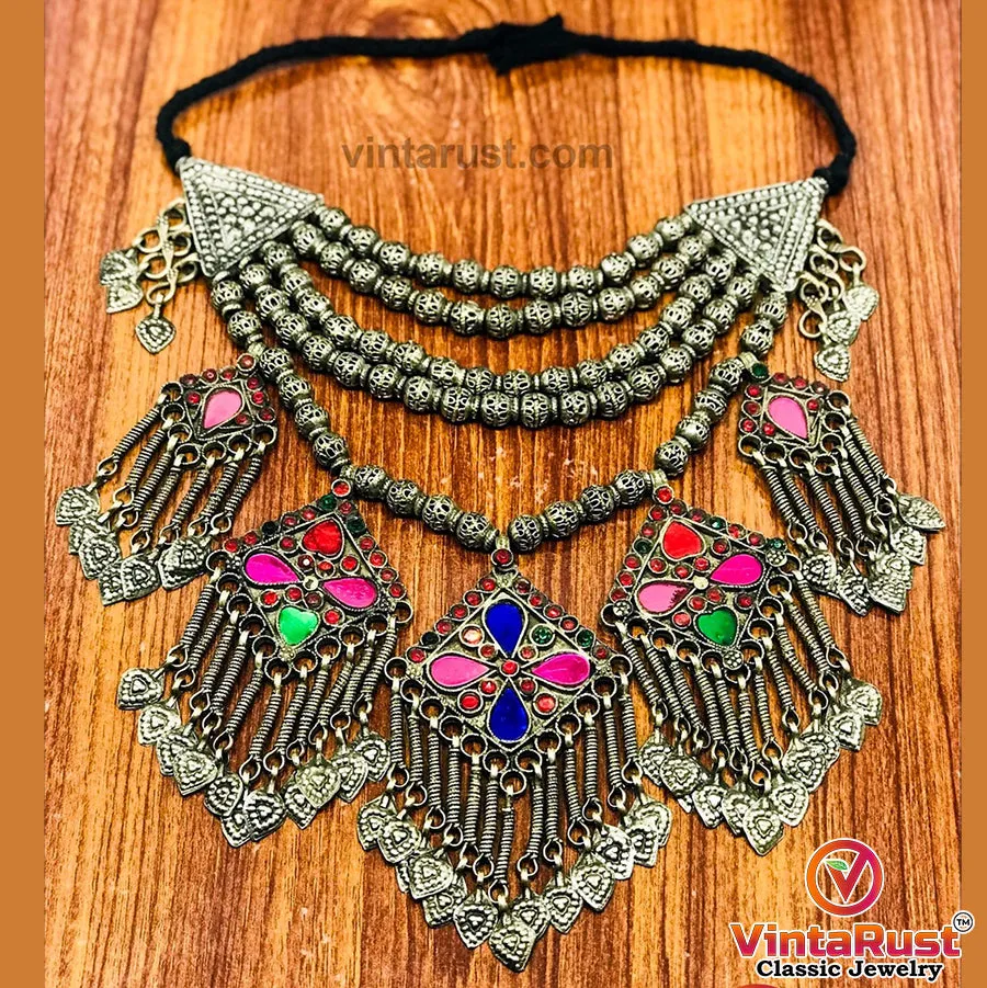 Glam Choker Necklace, Vintage Necklace with Bold Pendants and Beads