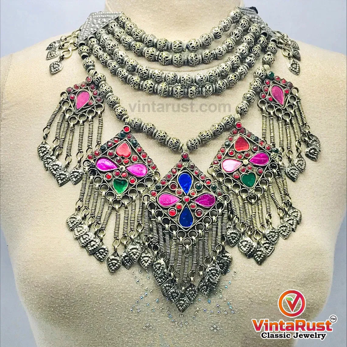 Glam Choker Necklace, Vintage Necklace with Bold Pendants and Beads