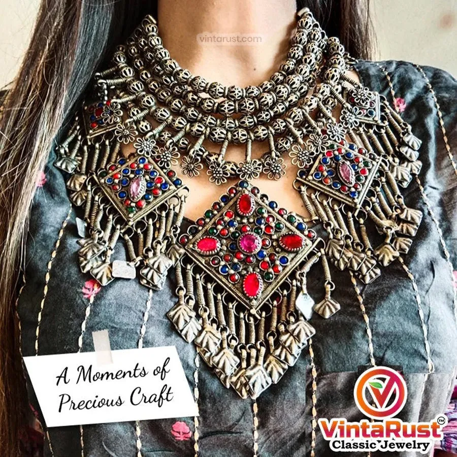 Glam Choker Necklace, Vintage Necklace with Bold Pendants and Beads