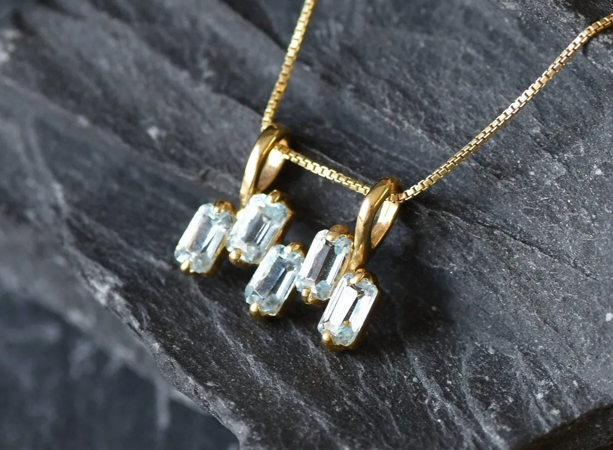 Gold Blue Topaz Pendant - Natural Blue Topaz Necklace, Blue Baguette Necklace