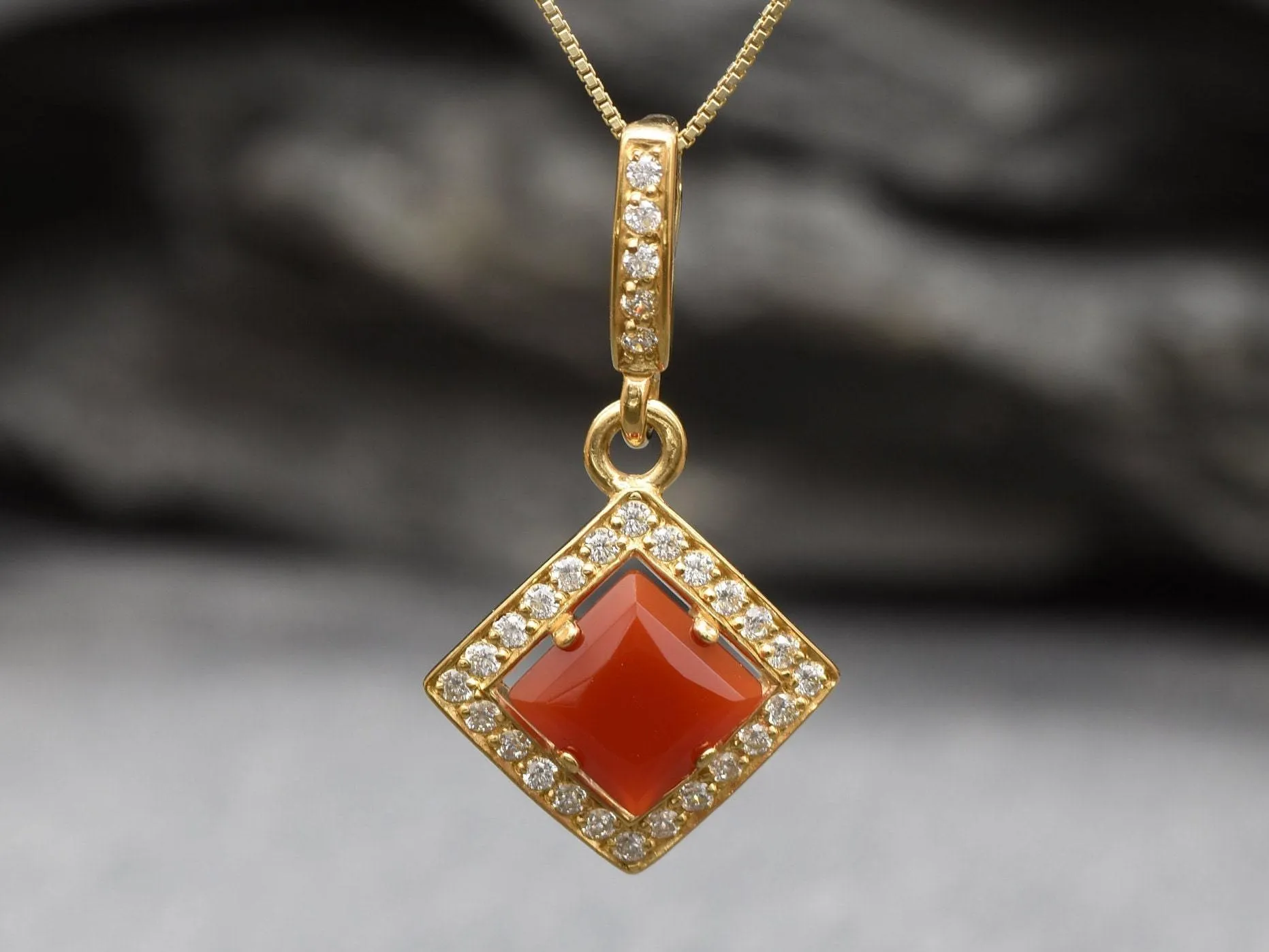 Gold Carnelian Pendant - Natural Carnelian Necklace - Red Vintage Necklace