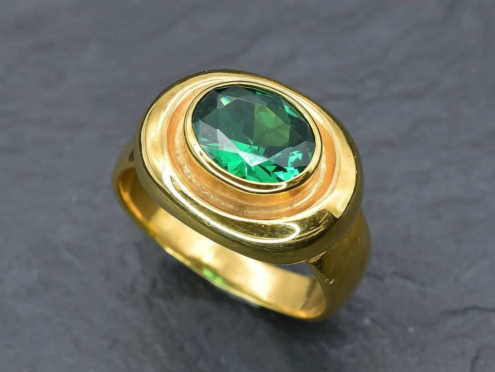 Gold Emerald Ring - Green Bezel Ring - Chunky Vintage Ring