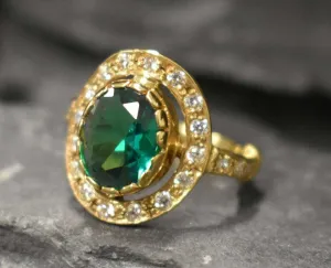 Gold Emerald Ring - Green Cocktail Ring - Vintage Oval Ring